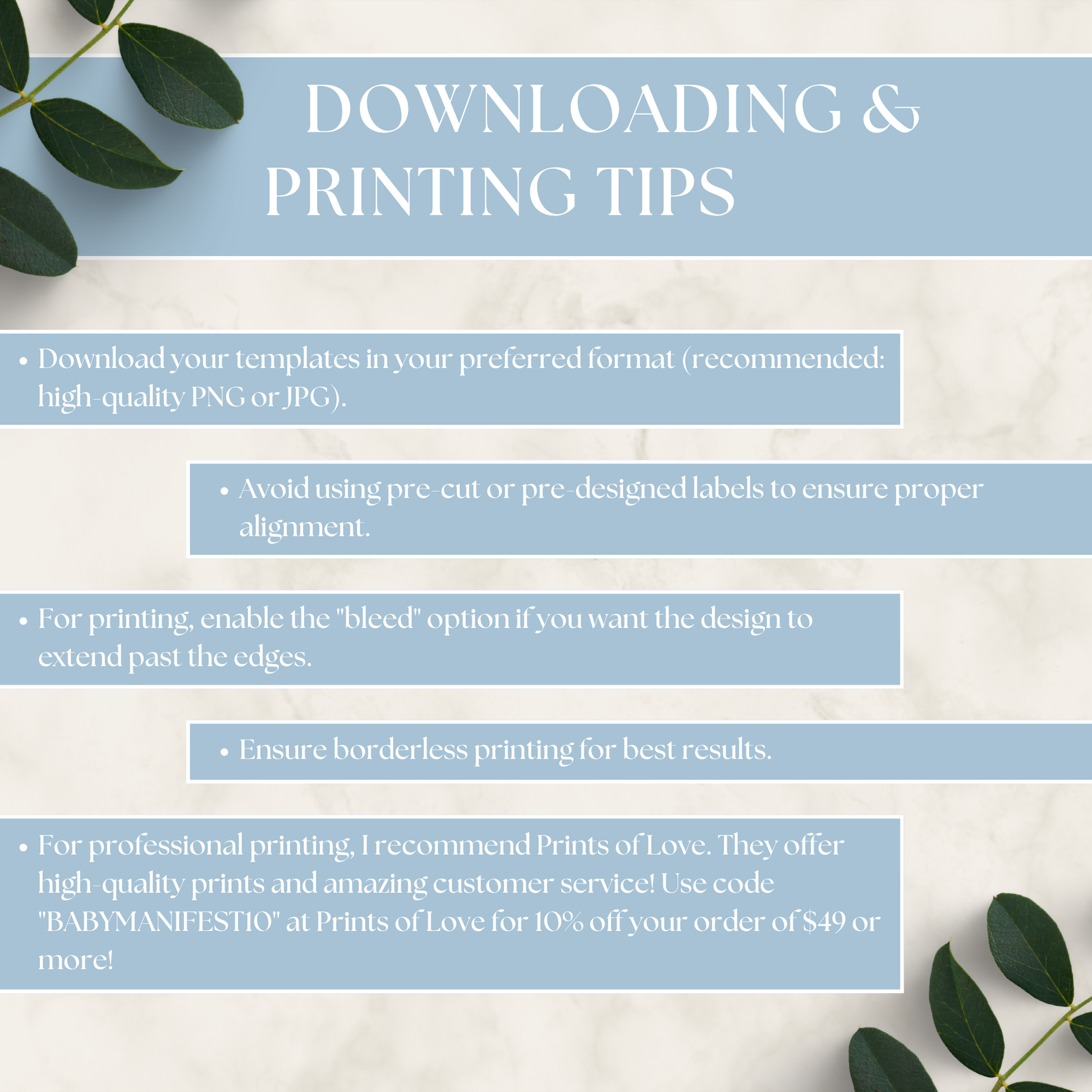 Instructions for downloading and printing templates with a decorative background and text overlay.