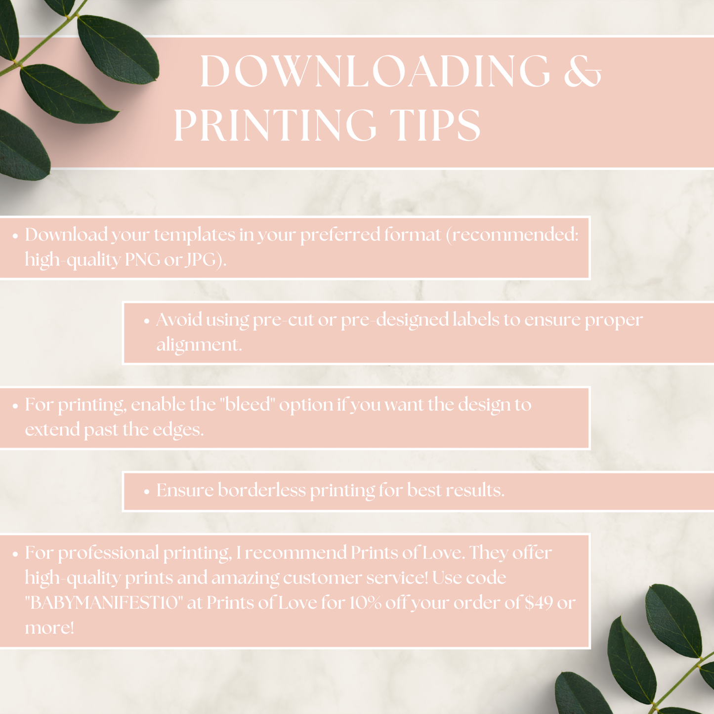 Instructions for downloading and printing with decorative elements on a light background