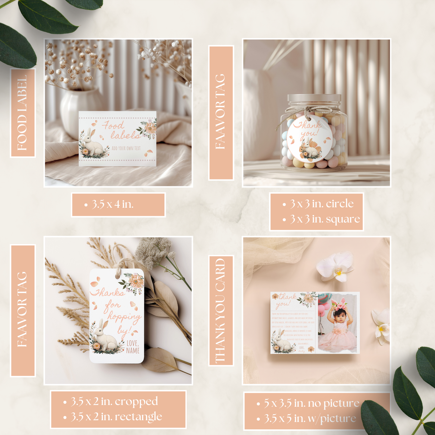 Some Bunny Is Turning One Birthday Bundle featuring food labels, favor tags, and thank you cards with soft pastel floral and bunny designs for a kids birthday party printable set.