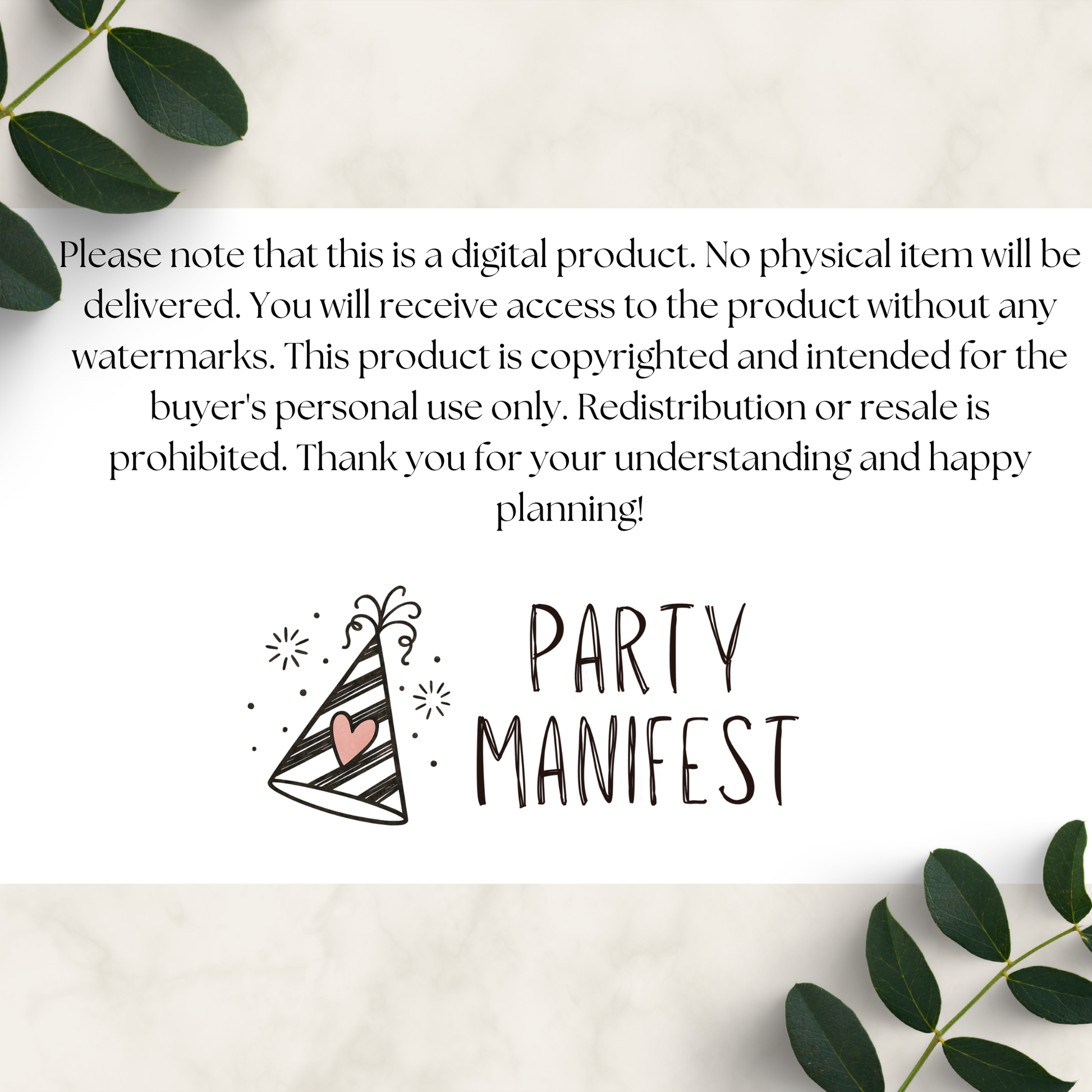 Disclaimer text on a marble background explaining that the "A Little Pumpkin is On The Way Baby Shower Bundle" is a digital product with no physical delivery, includes copyright and personal use information, alongside a simple black party hat icon and the words "Party Manifest" with leafy green accents.