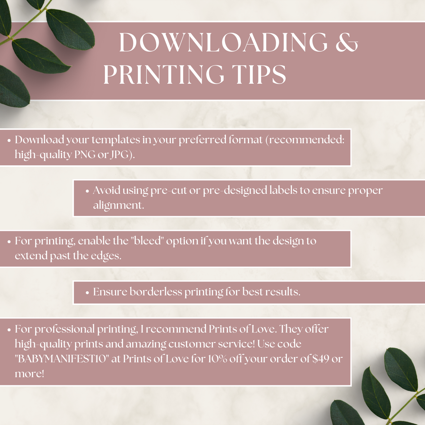 Instructions for downloading and printing templates with decorative elements on a light background.