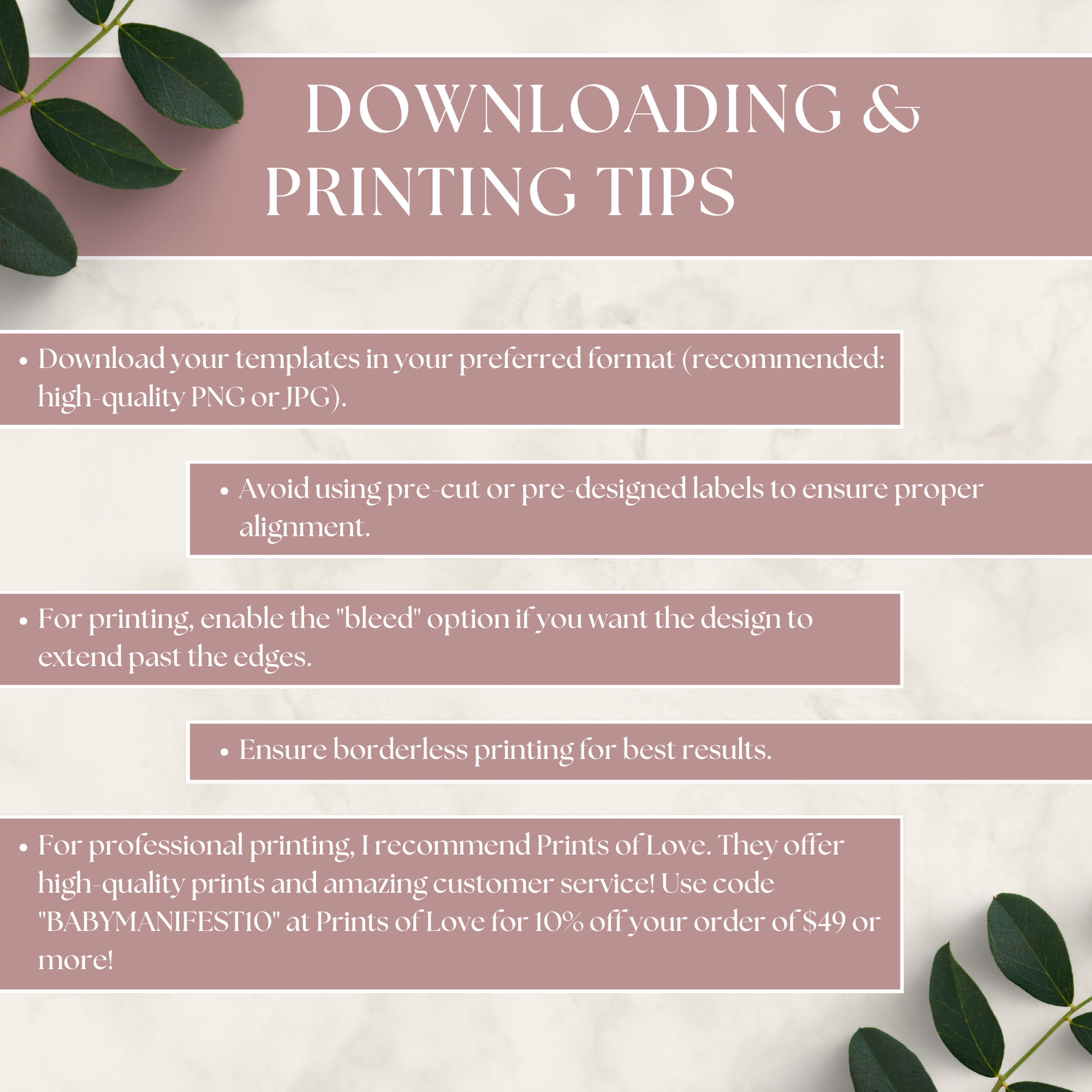 Instructions for downloading and printing templates with decorative elements on a light background.