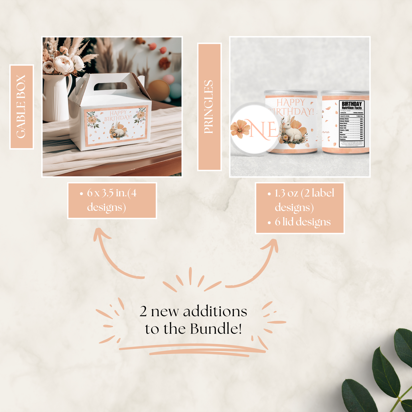 Some Bunny Is Turning One Birthday Bundle featuring a decorated cable box with floral and bunny designs and a Pringles can wrapper with birthday-themed labels and lids in soft pastel colors.