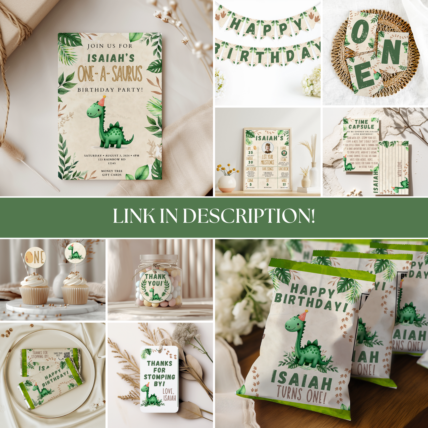 Collage of birthday party decorations and invitations with a dinosaur theme.