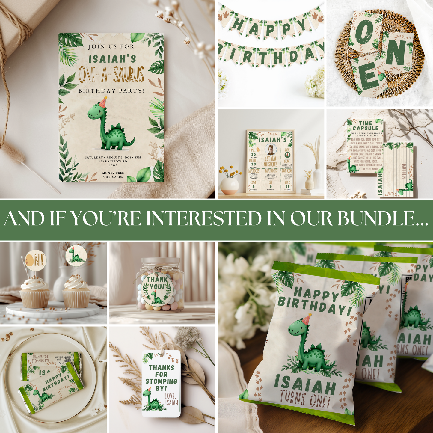 Collage of birthday party decorations and items with a dinosaur theme, including invitations and banners.