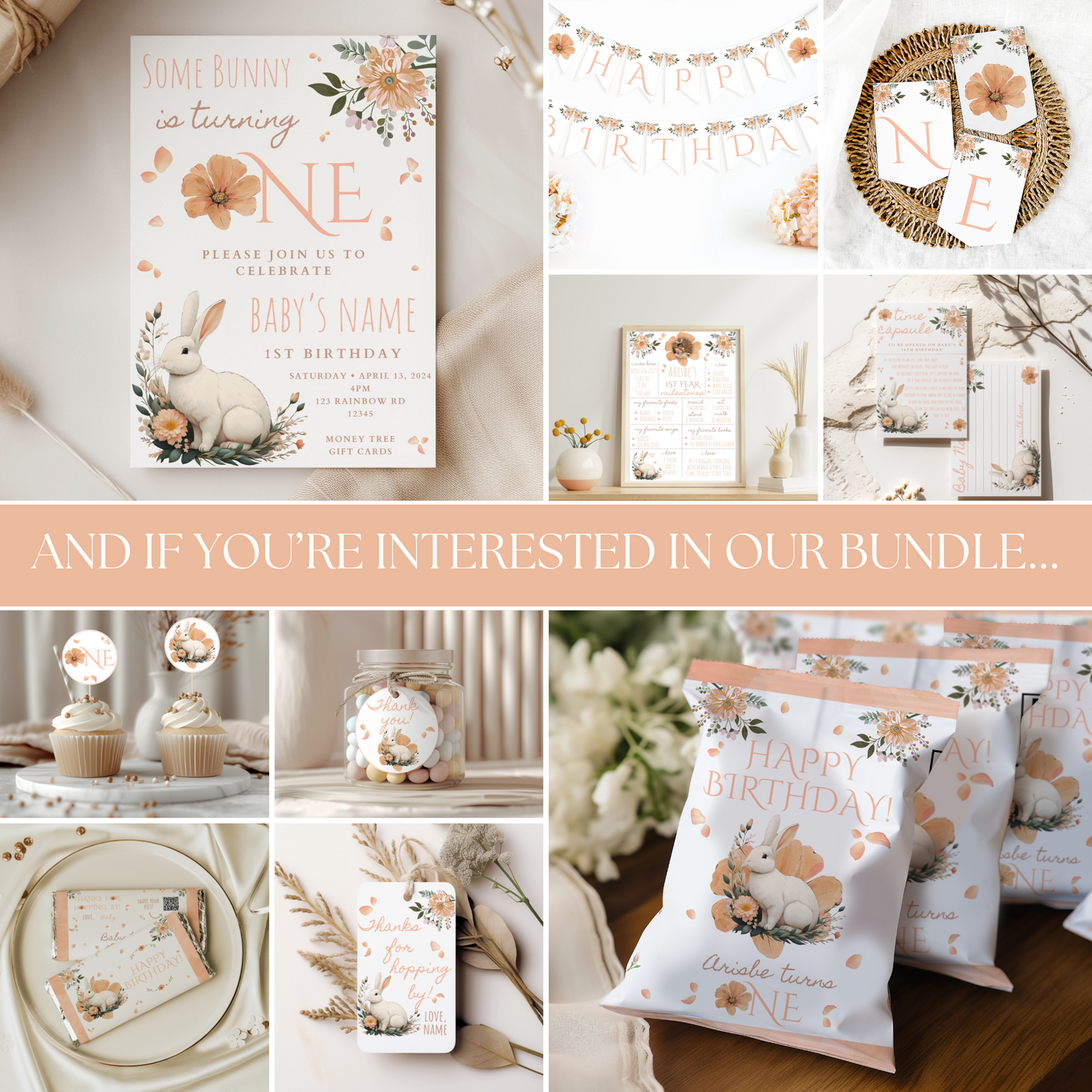 Collage of birthday-themed products with floral and bunny designs, including invitations and party supplies.