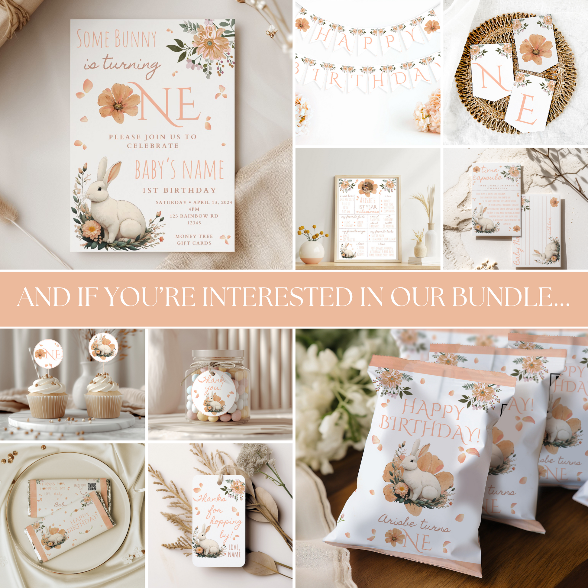 Collage of birthday-themed products with floral and bunny designs, including invitations and party supplies.
