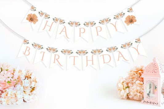 Floral 'Happy Birthday' banner with popcorn and a small house-shaped box on a white background