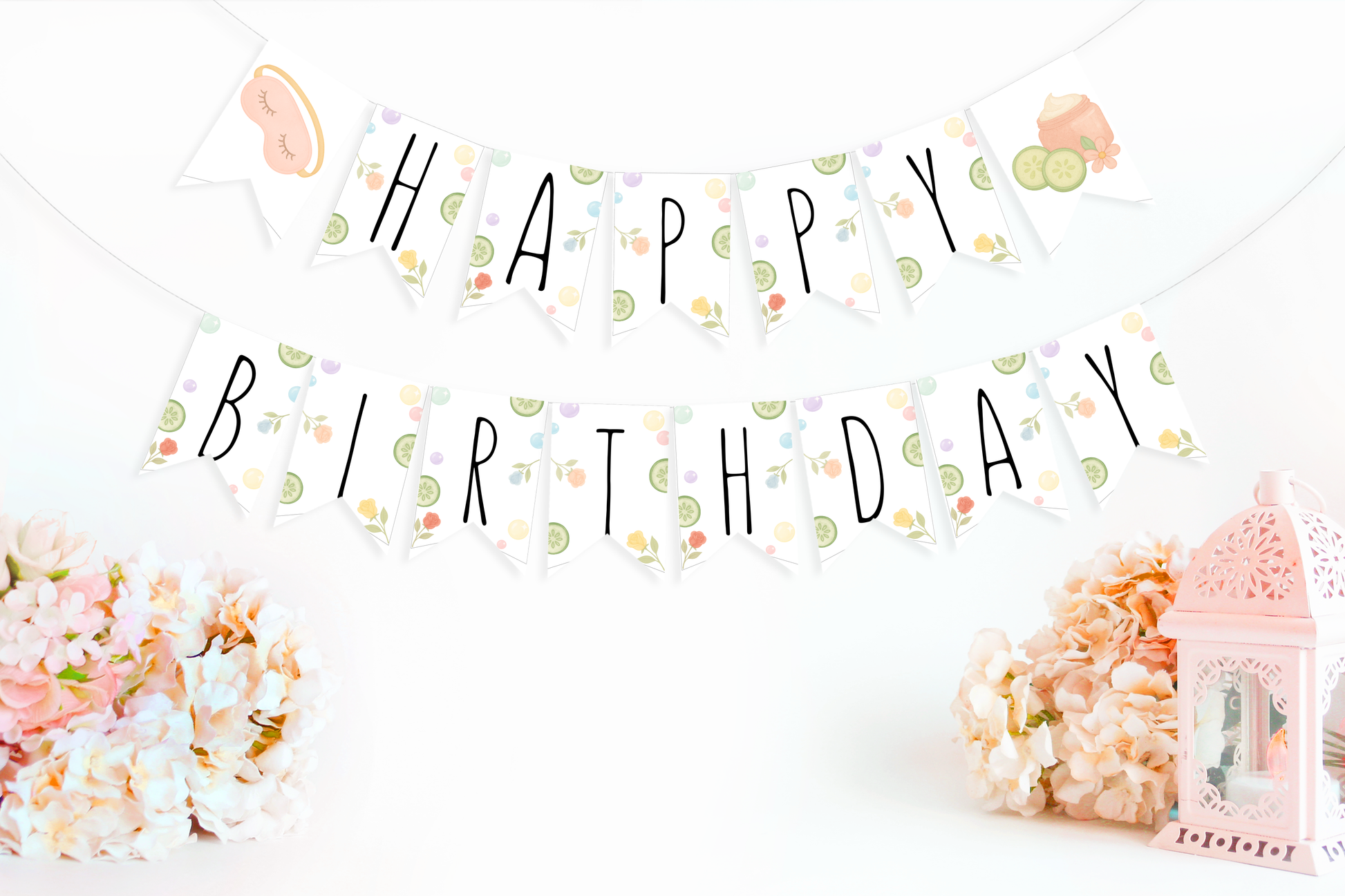 Happy Birthday banner with decorative elements on a white background