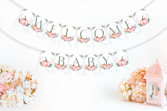 Floral 'Welcome Baby' banner with decorative elements on a white background