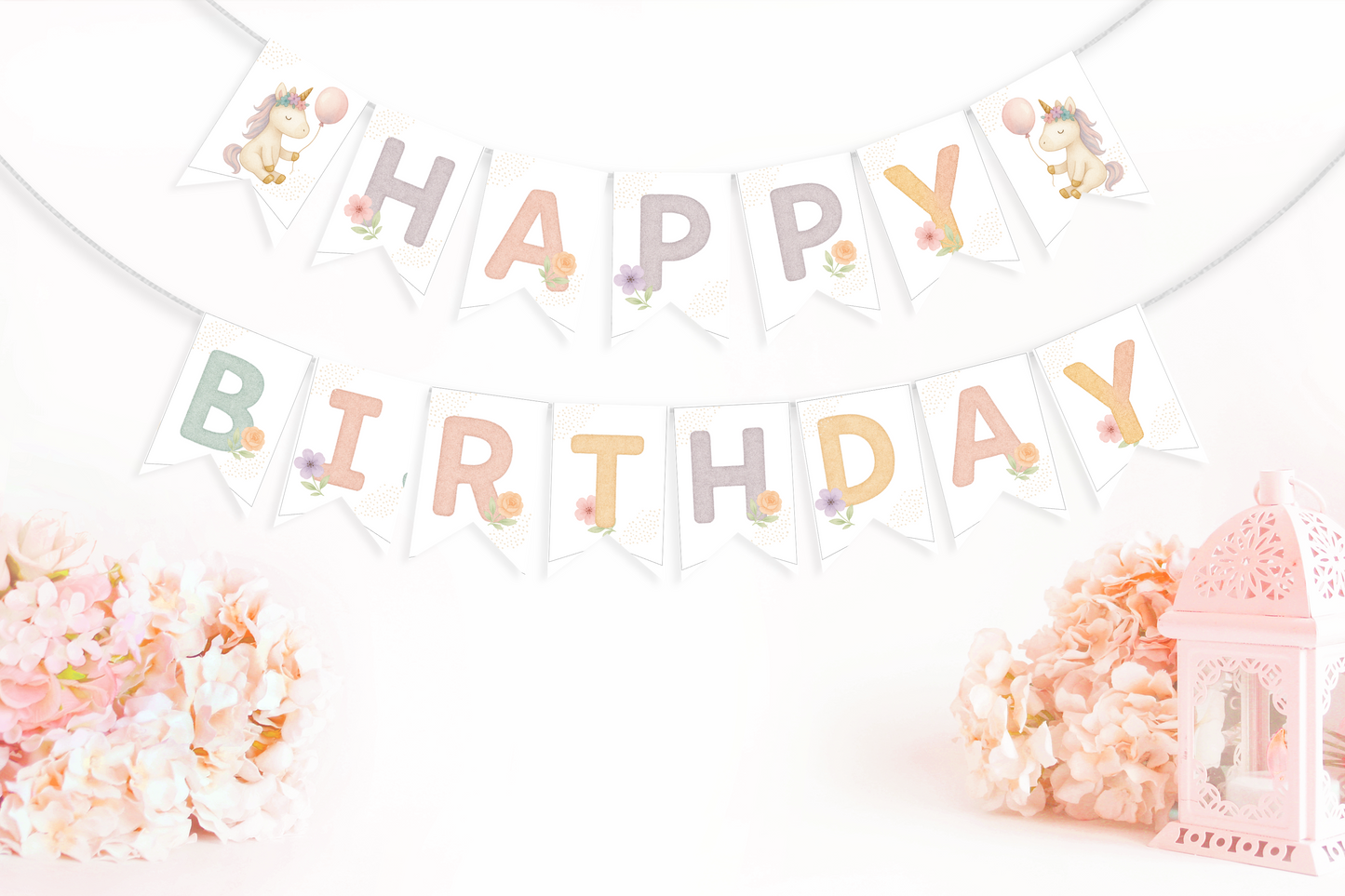 Happy Birthday banner with decorative elements on a white background