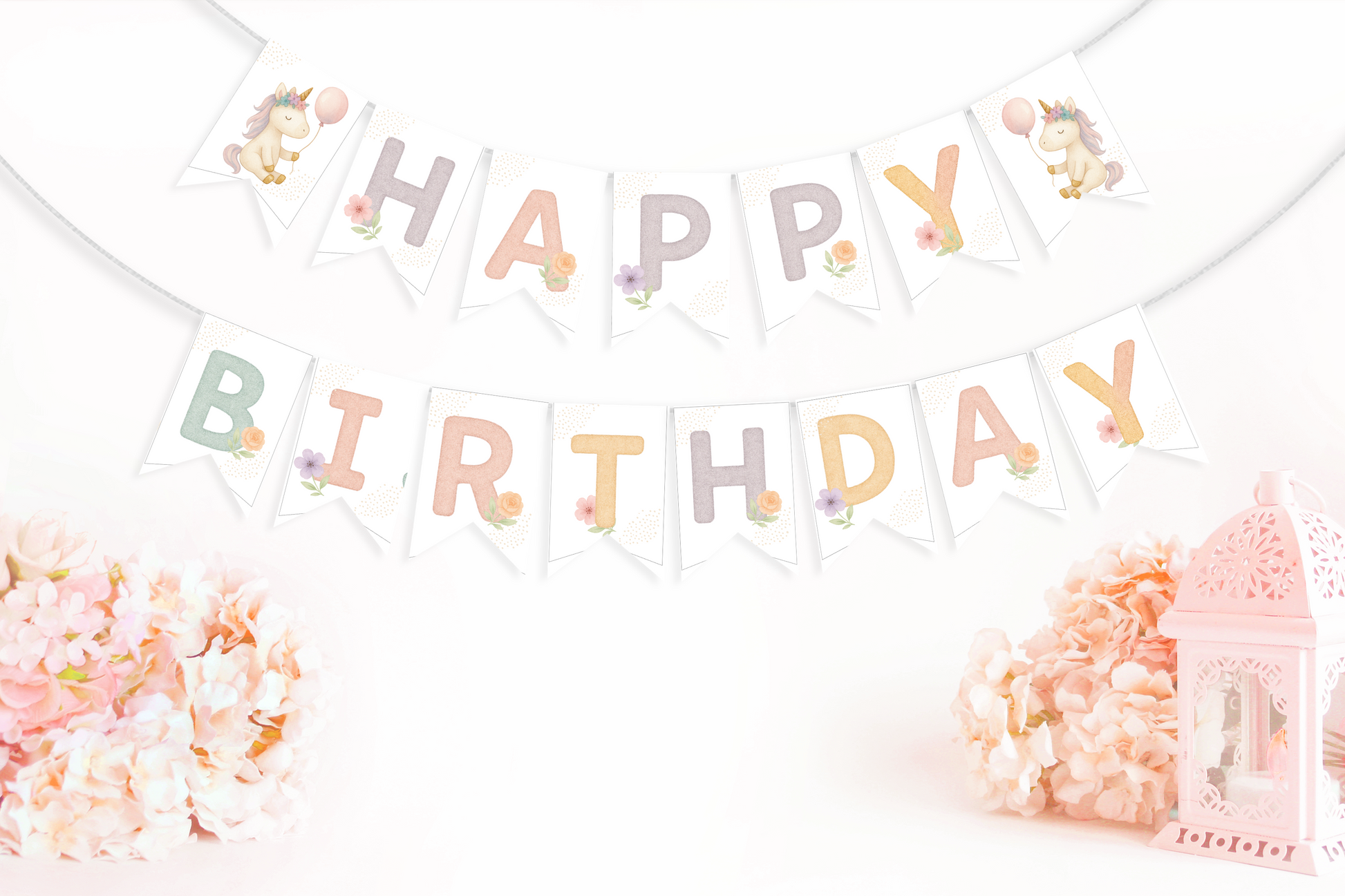 Happy Birthday banner with decorative elements on a white background