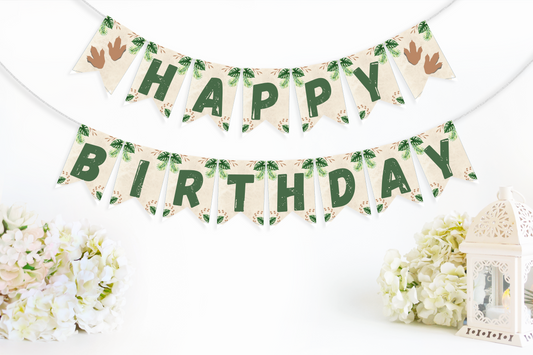 Happy Birthday banner with green text and floral decorations on a white background