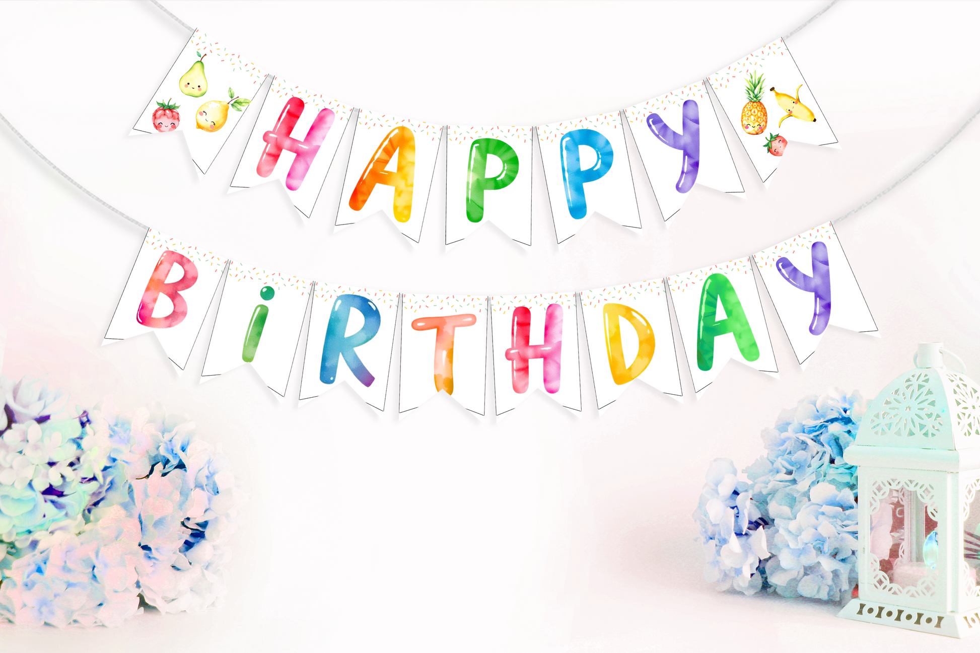 Colorful 'Happy Birthday' banner with confetti on a white background