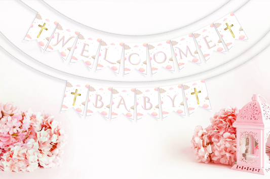 Baby shower banner with 'Welcome Baby' text and decorative elements on a white background
