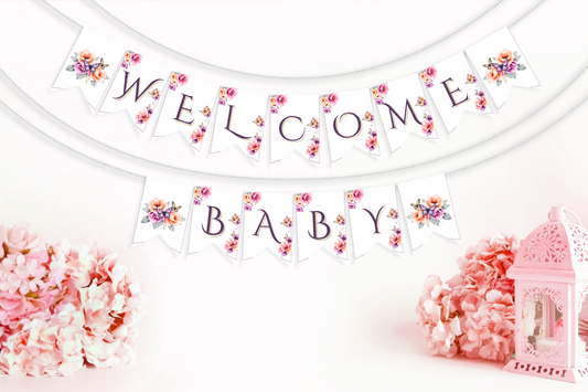 Decorative banner with 'Welcome Baby' text on a white background