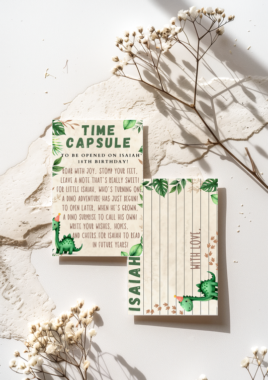 Time capsule with instructions and a name on a light background with dried flowers.