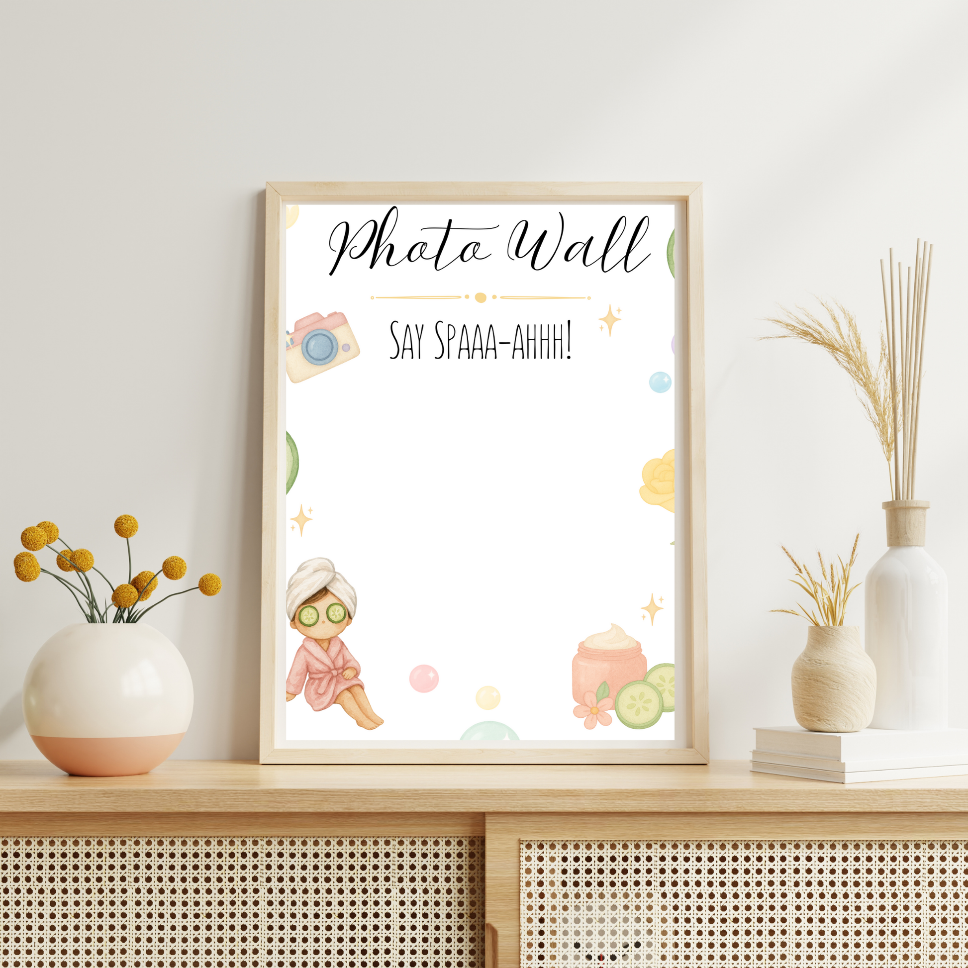 Framed artwork with cartoon characters and text on a shelf with decorative items.