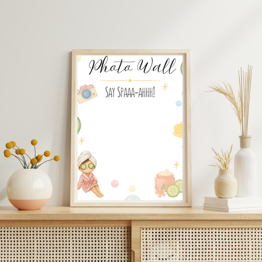 Framed artwork with cartoon characters and text on a shelf with decorative items.