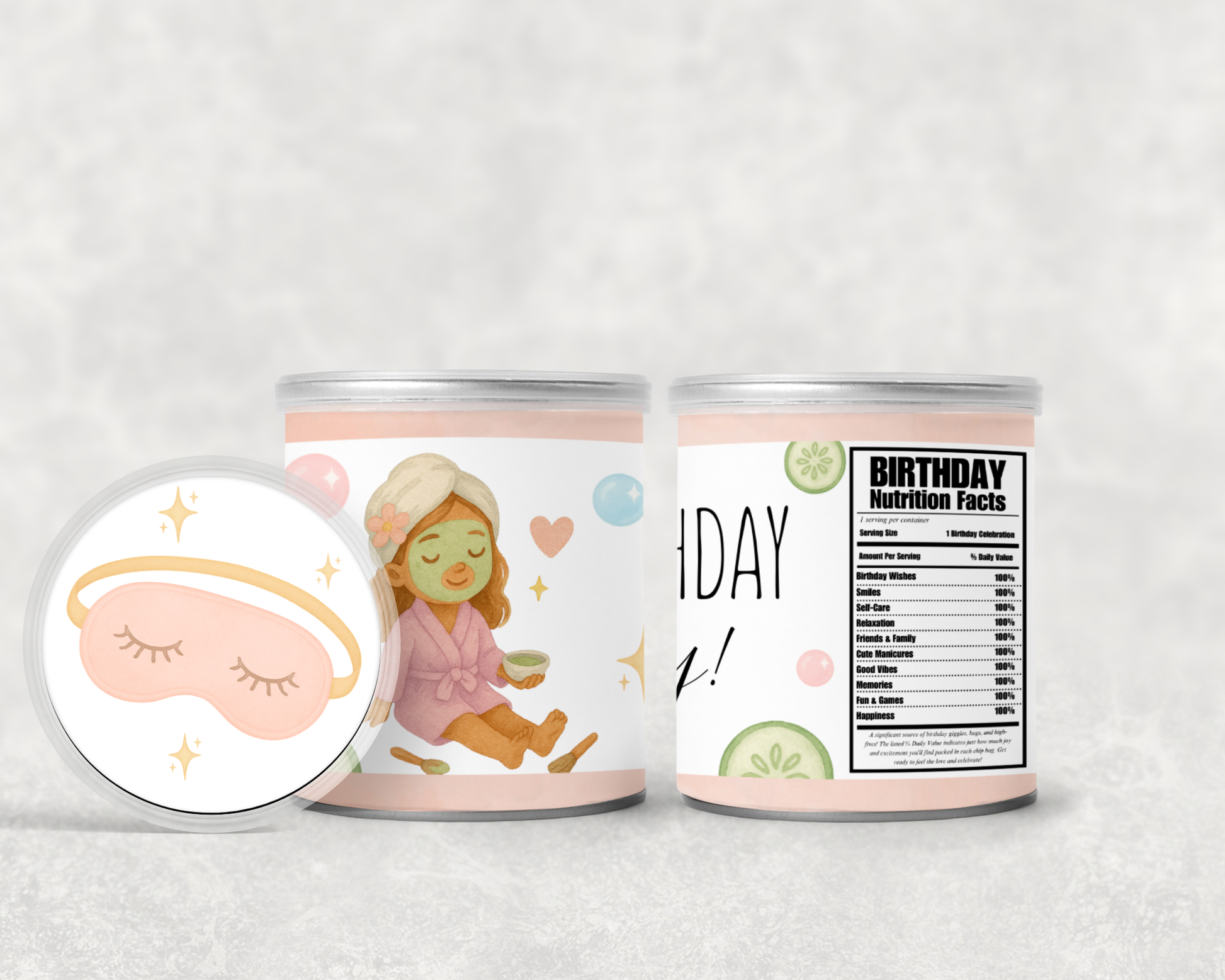 Two containers with decorative labels on a light gray background