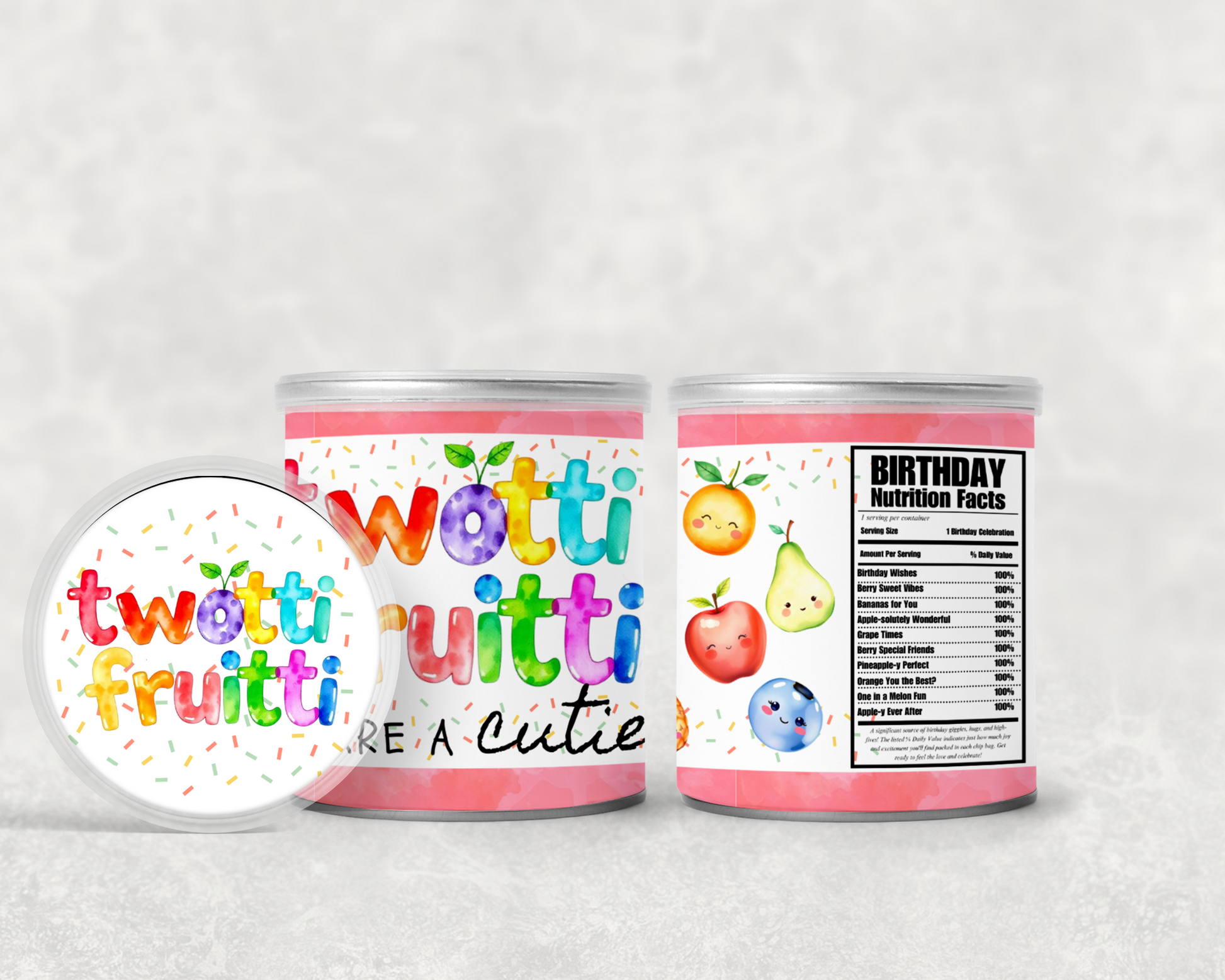 Two containers labeled 'twotti fruitti' with colorful text and fruit illustrations on a white background.