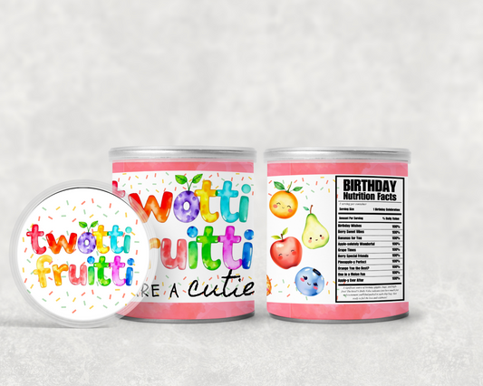 Two containers labeled 'twotti fruitti' with colorful text and fruit illustrations on a white background.