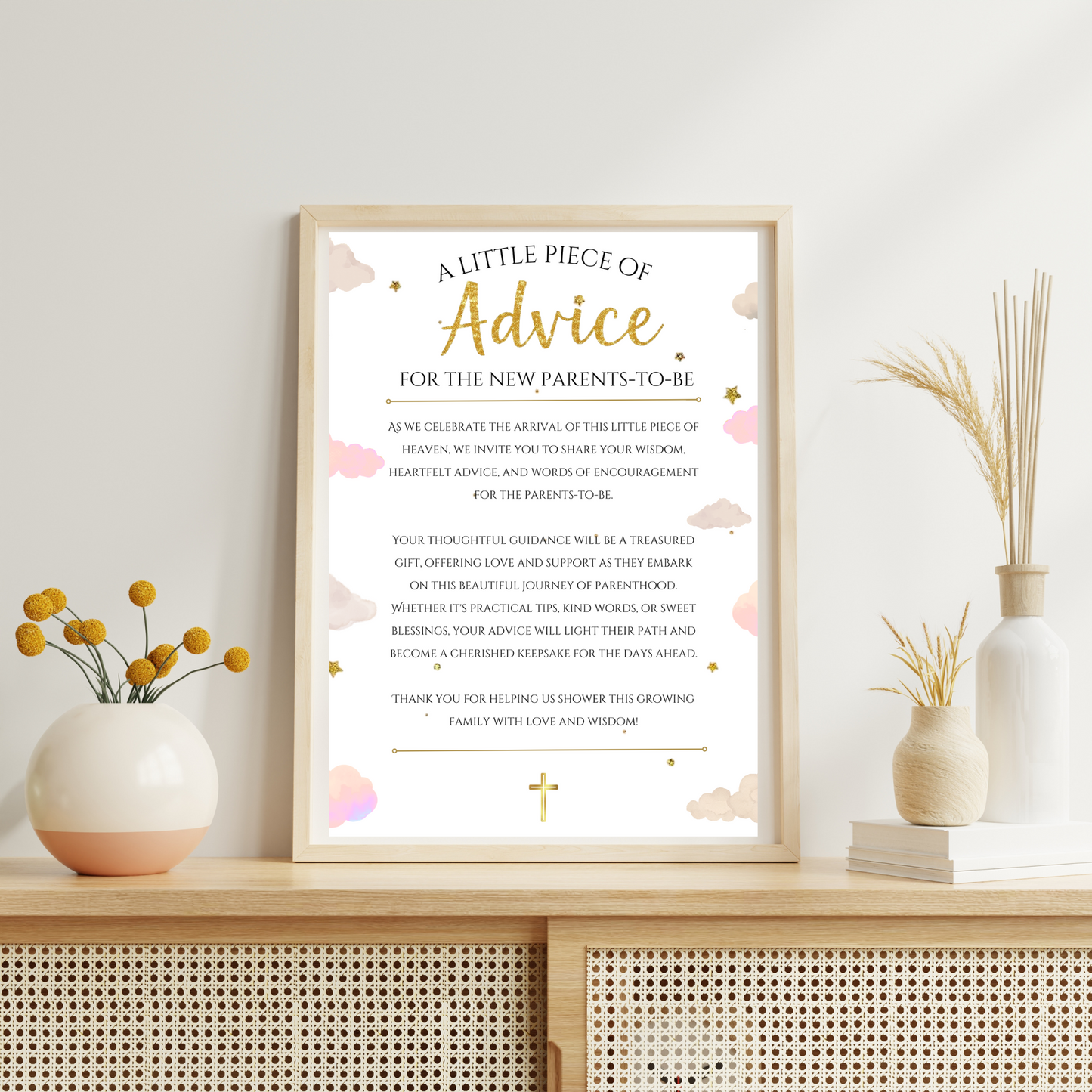 Framed print titled 'A Little Piece of Advice for the New Parents-To-Be' on a shelf with decorative items.