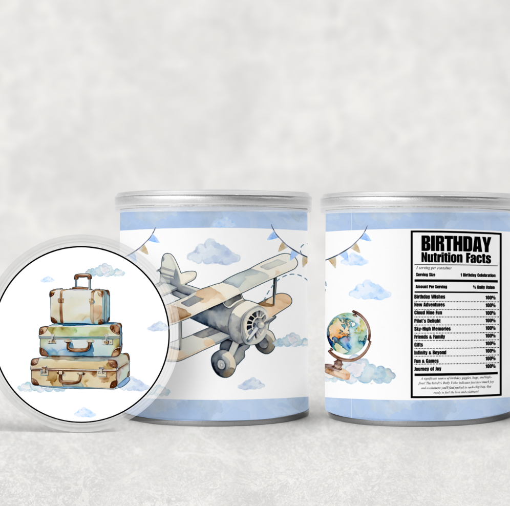Two cans with airplane and suitcase design on a white background