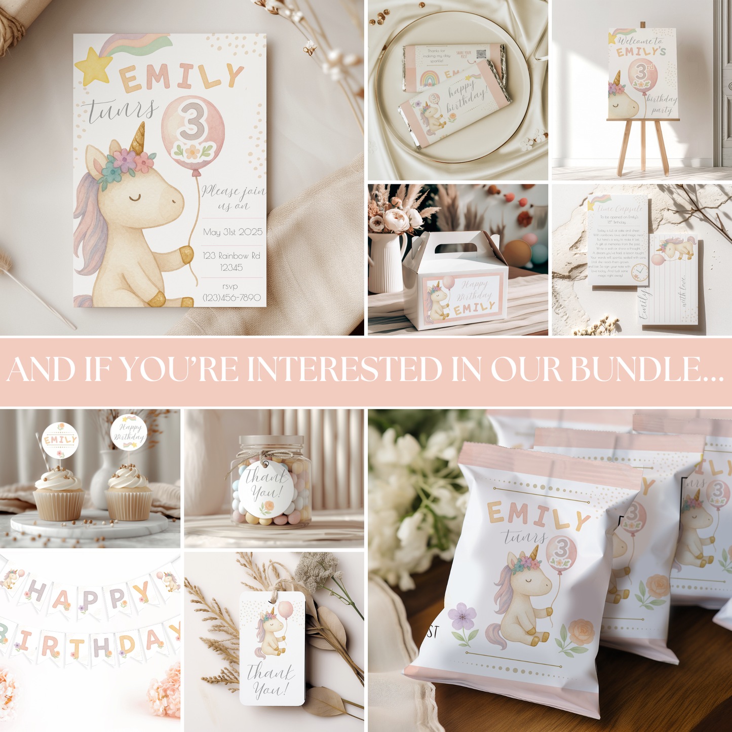 Collage of birthday party decorations and items with a unicorn theme, including cards and favors.