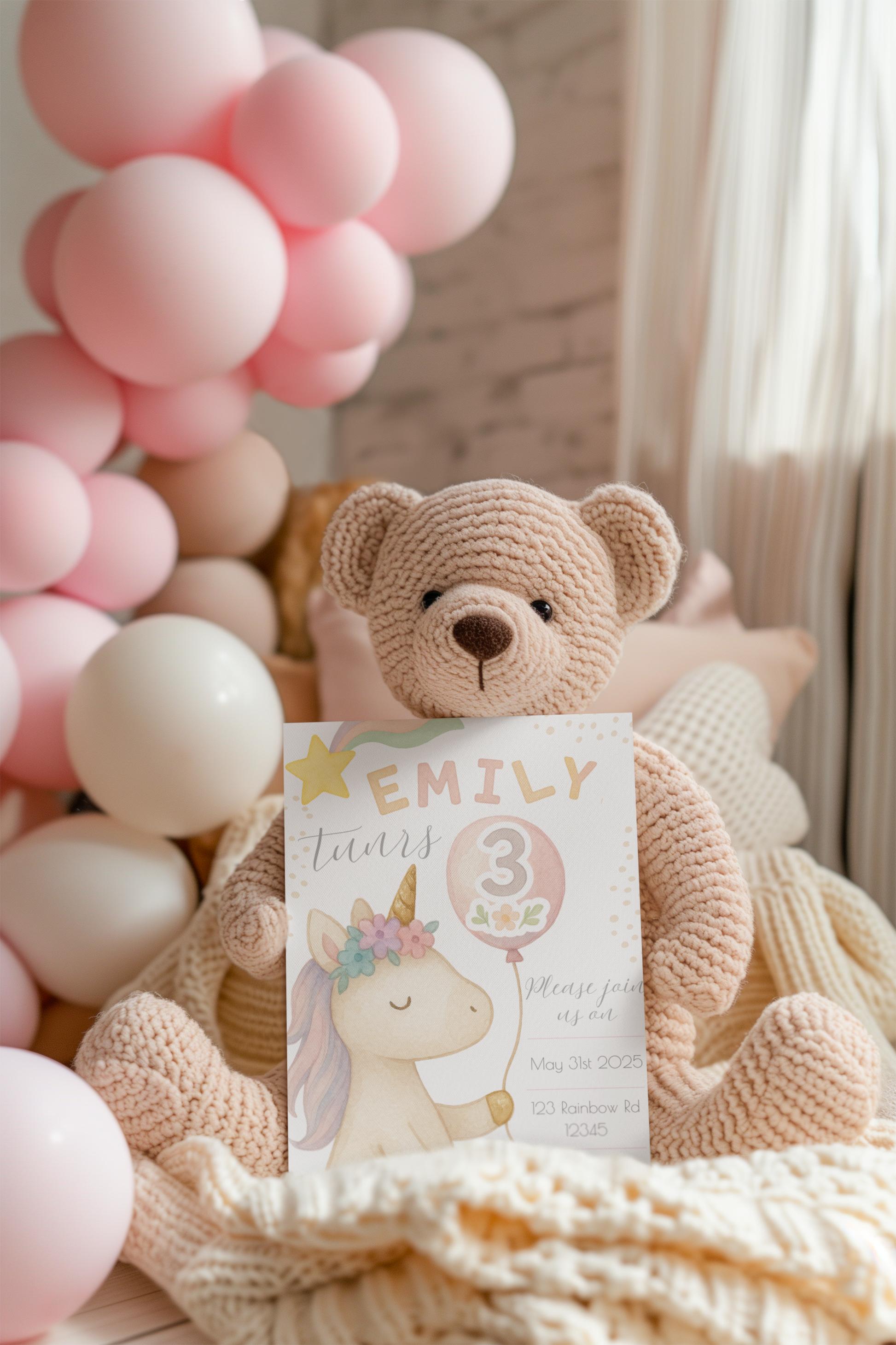Teddy bear holding a card with 'Emily Twins 3' design, surrounded by pink balloons.