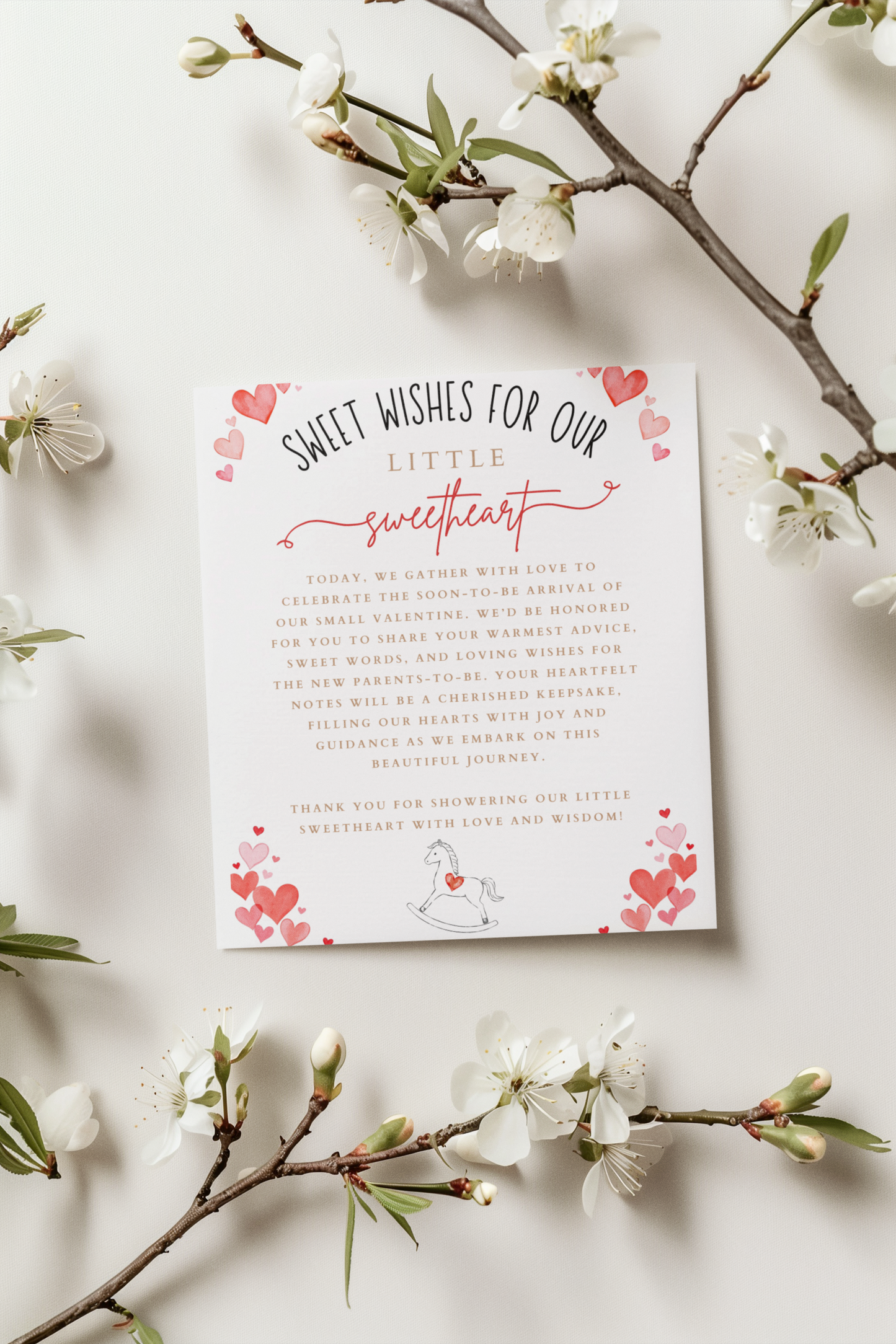 Greeting card with 'Sweet Wishes for our Little Sweetheart' text on a white background with floral branches.