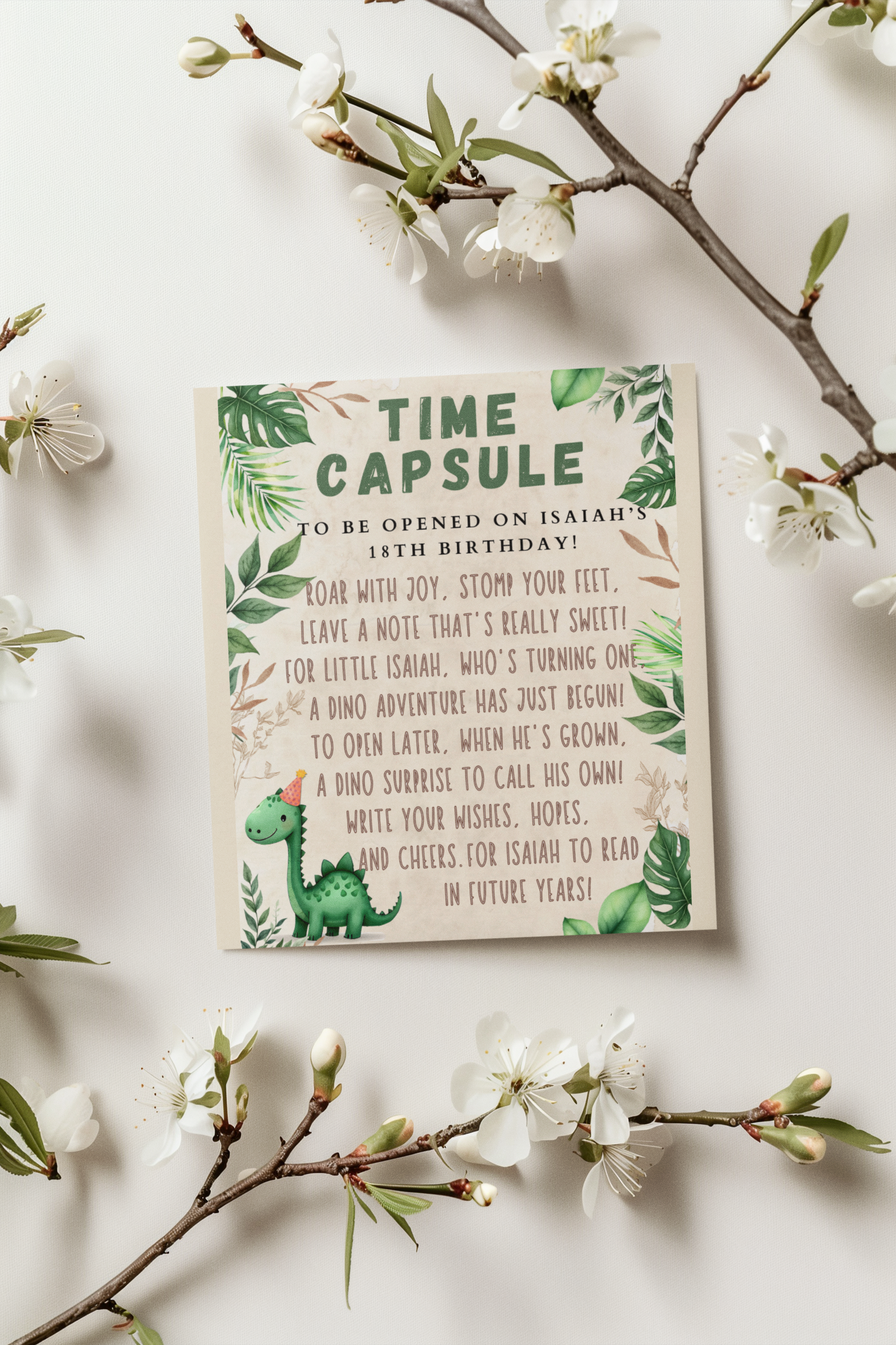 Time capsule card for a child's birthday with decorative elements on a light background