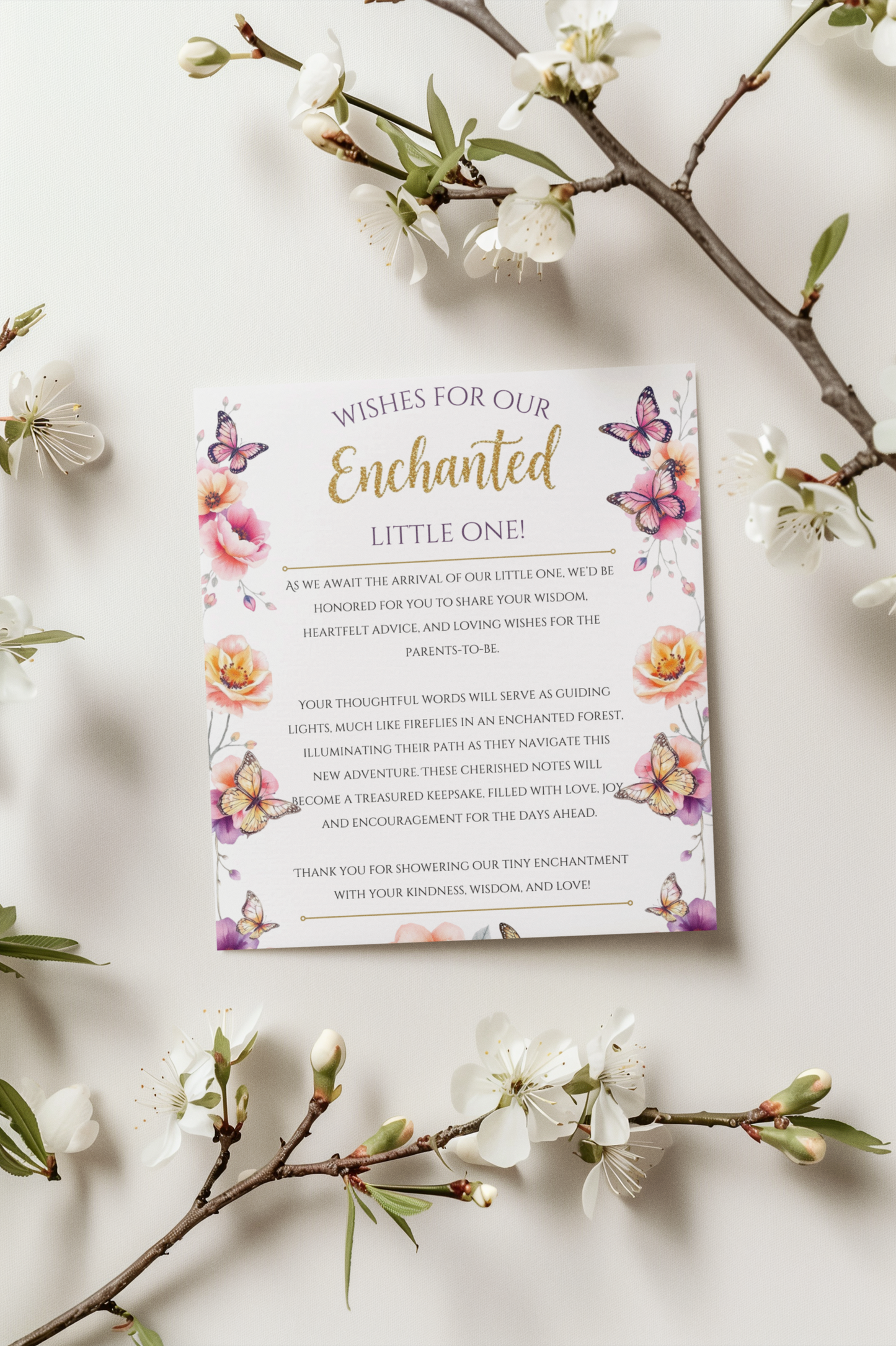 Baby shower advice sign with floral design on a white background with cherry blossom branches.