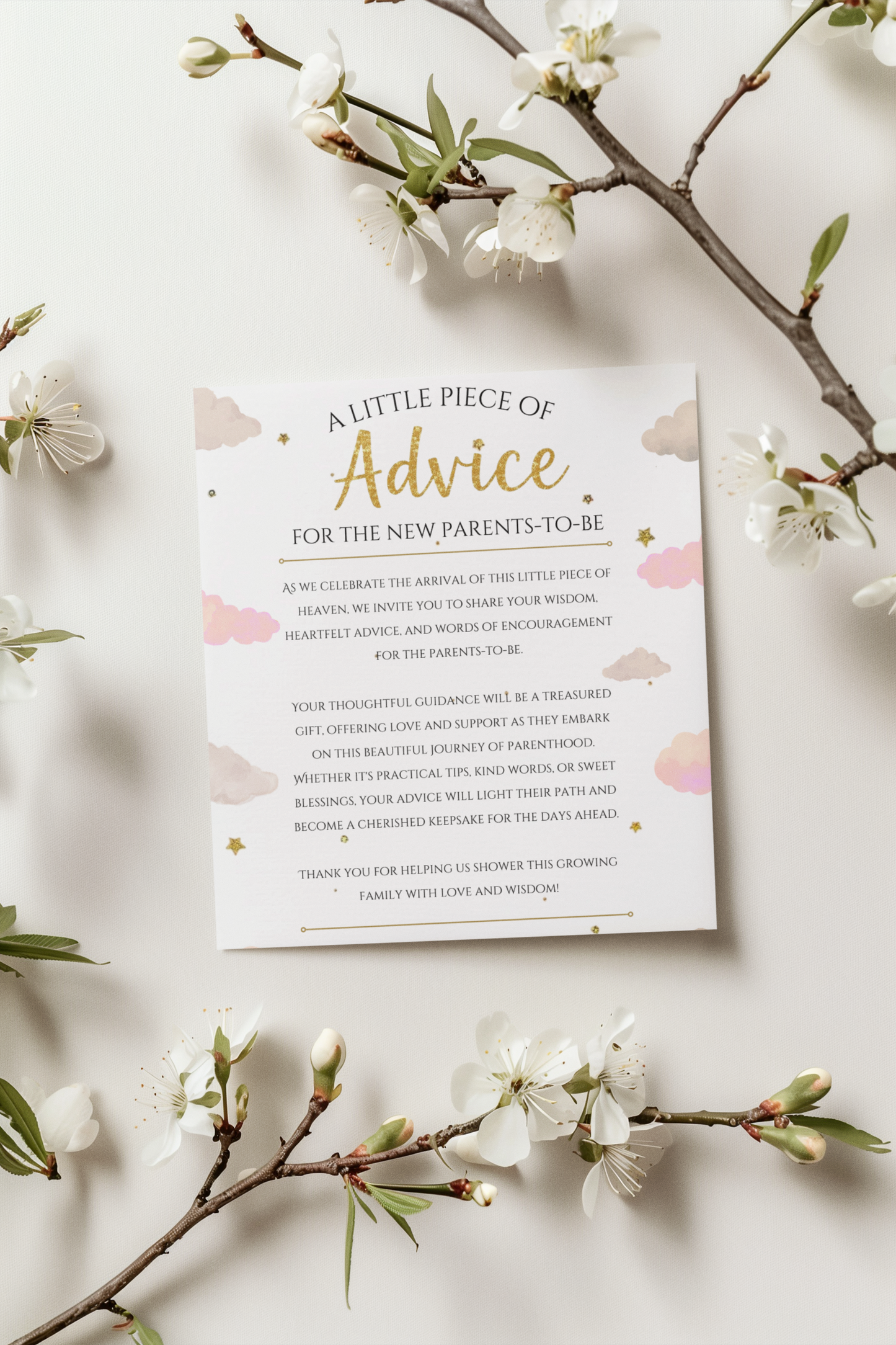 Card titled 'A Little Piece of Advice for the New Parents-to-be' surrounded by cherry blossom branches on a light background.