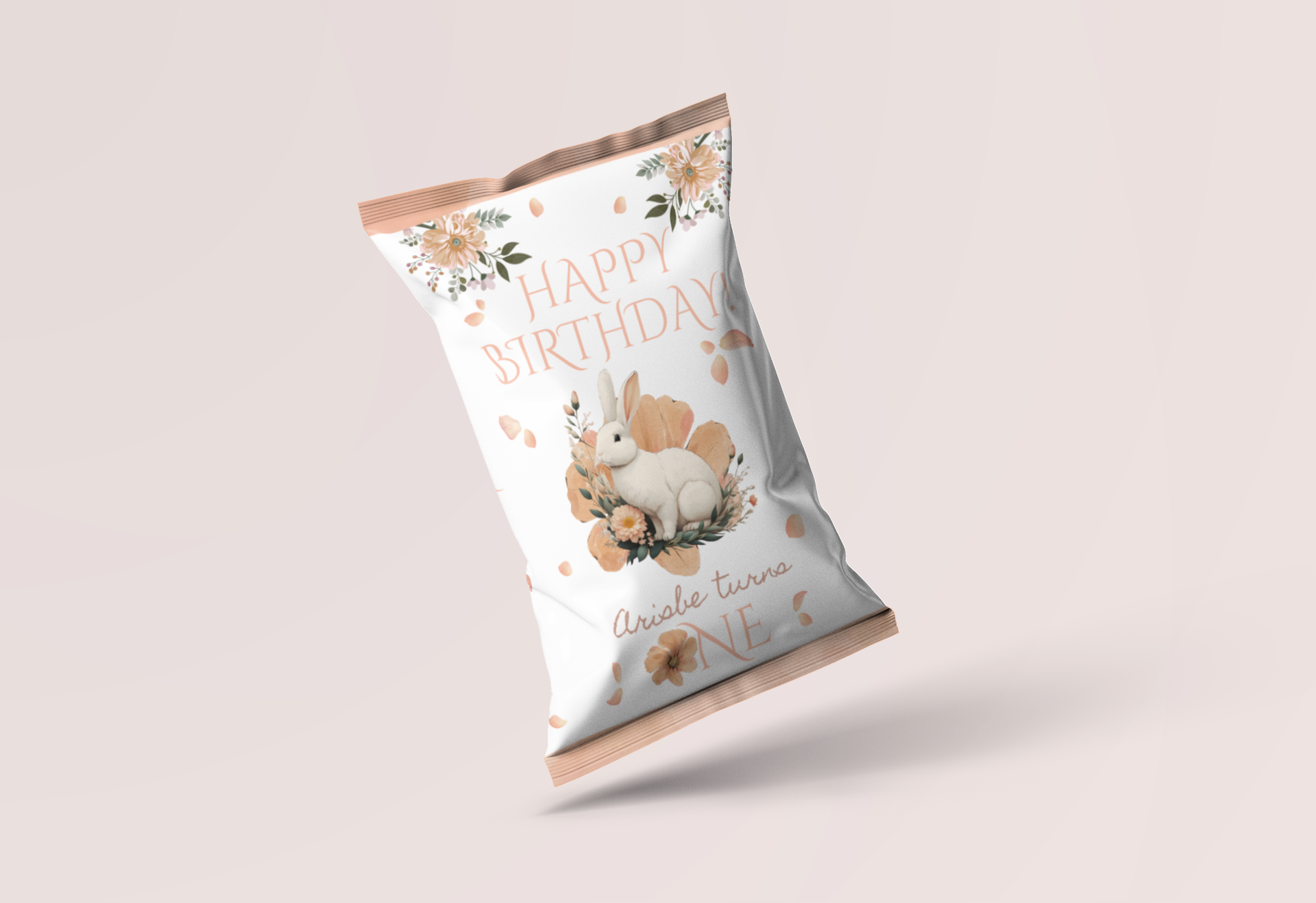 Birthday-themed snack bag with a rabbit illustration on a light pink background