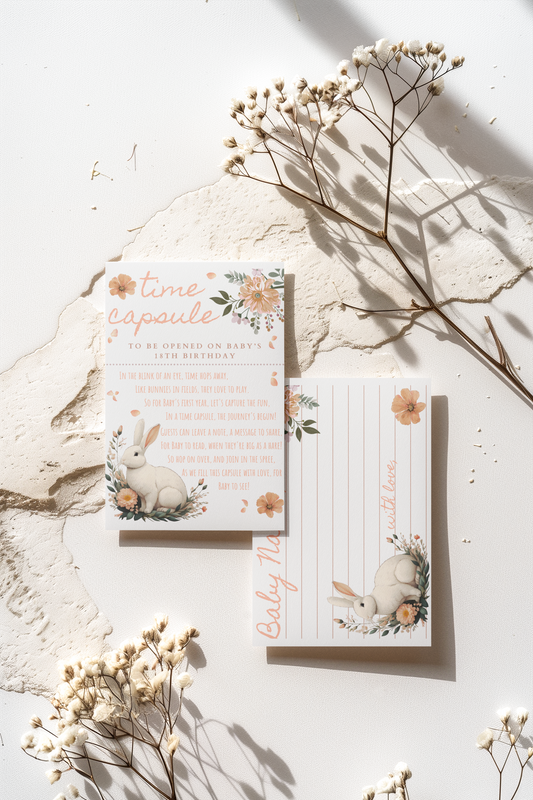 Birthday cards with baby bunnies and flowers on a light surface with dried flowers.