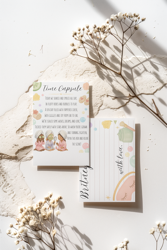 Two greeting cards with illustrations of children and text, surrounded by dried flowers on a light surface.