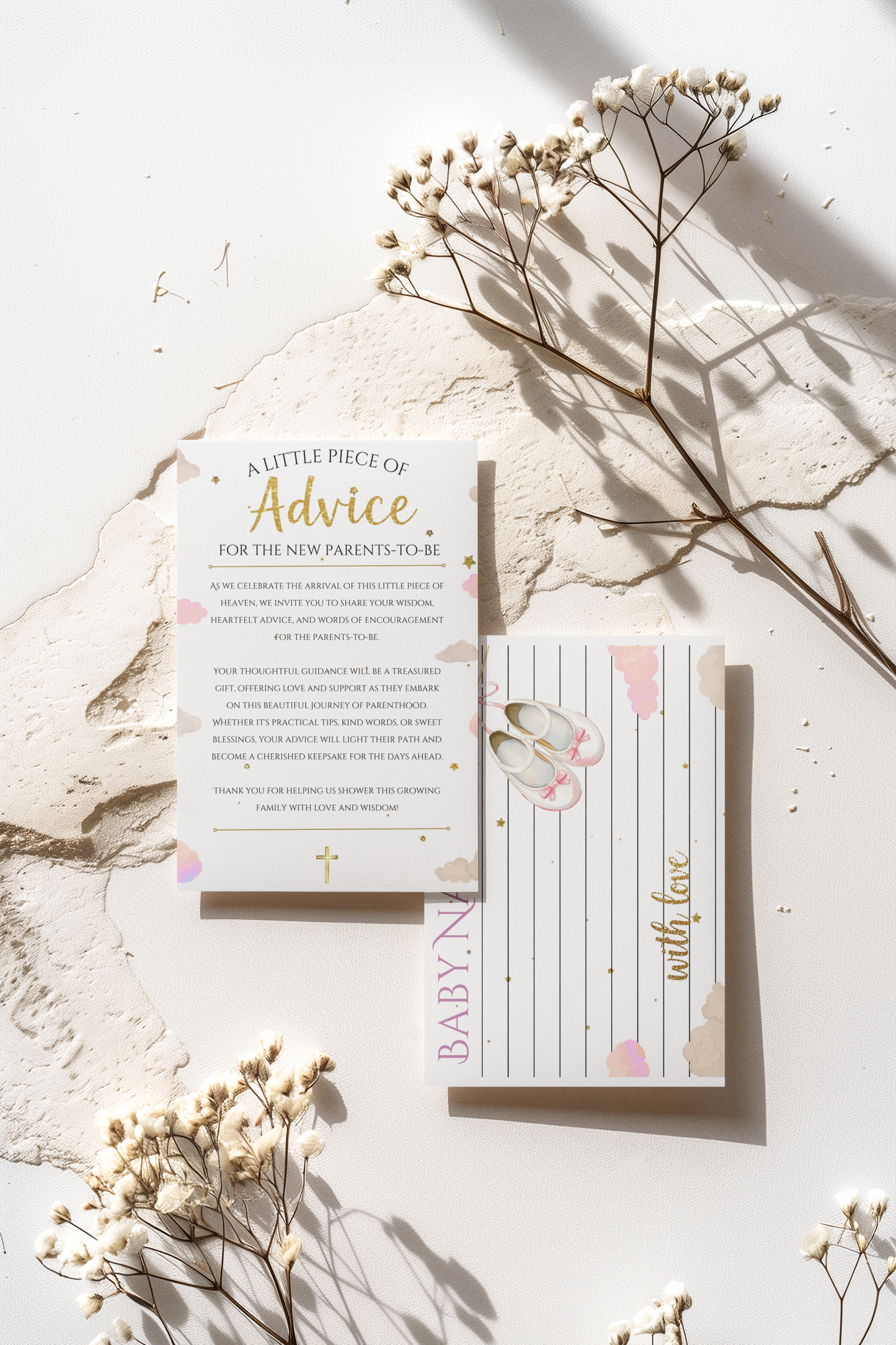 Greeting card with text and decorative elements on a light surface with dried flowers.