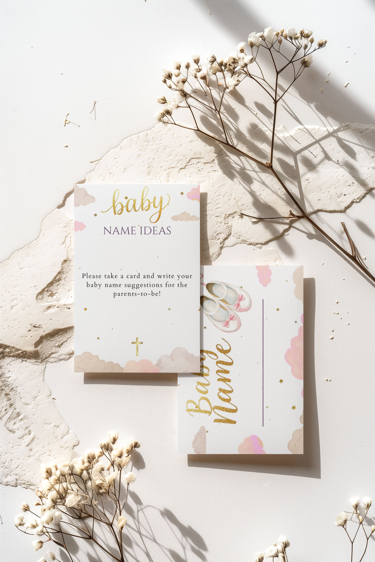 Baby name suggestion card with floral design on a light background