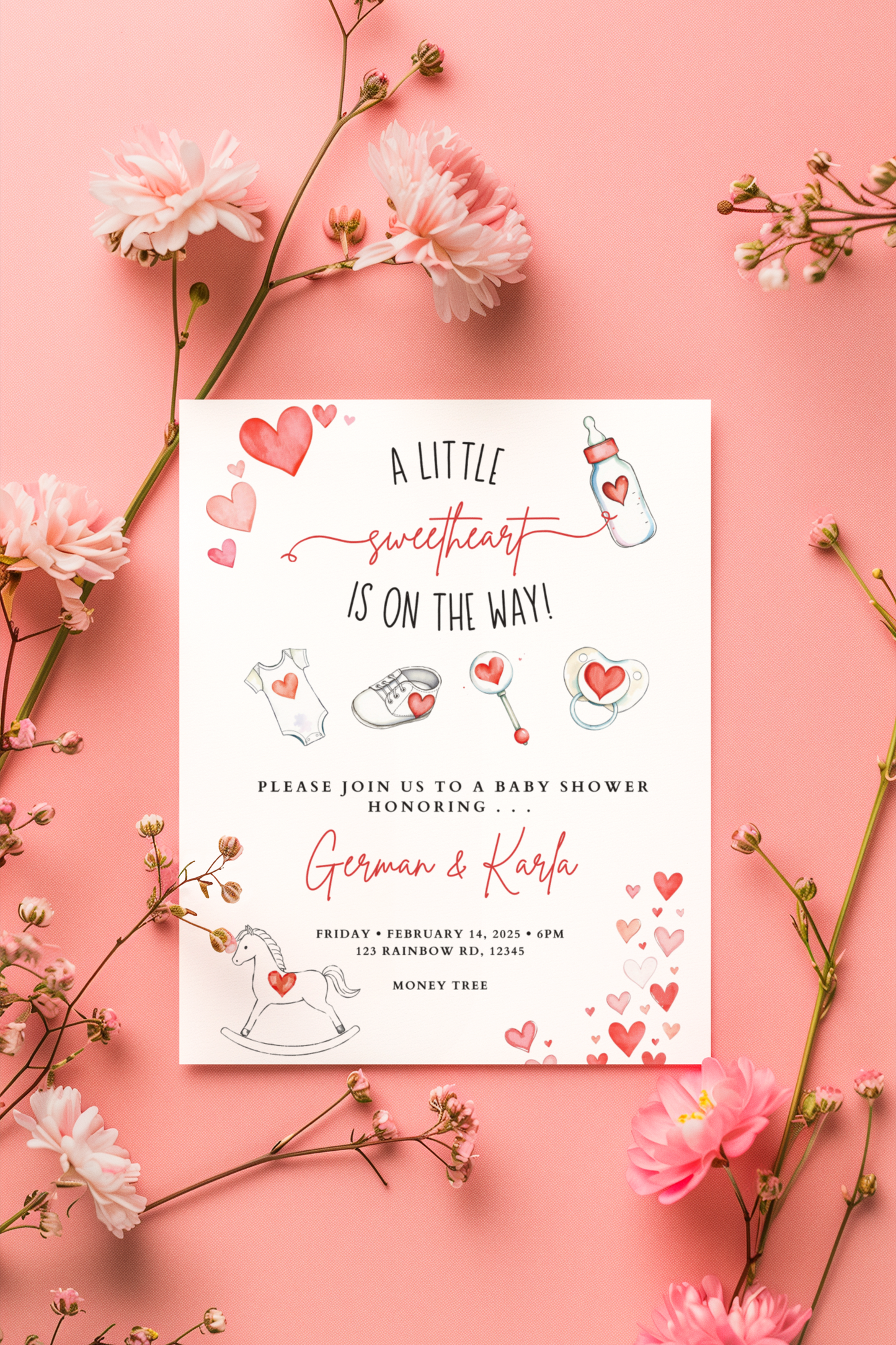 Baby shower invitation with hearts and baby-themed illustrations on a pink background with flowers.
