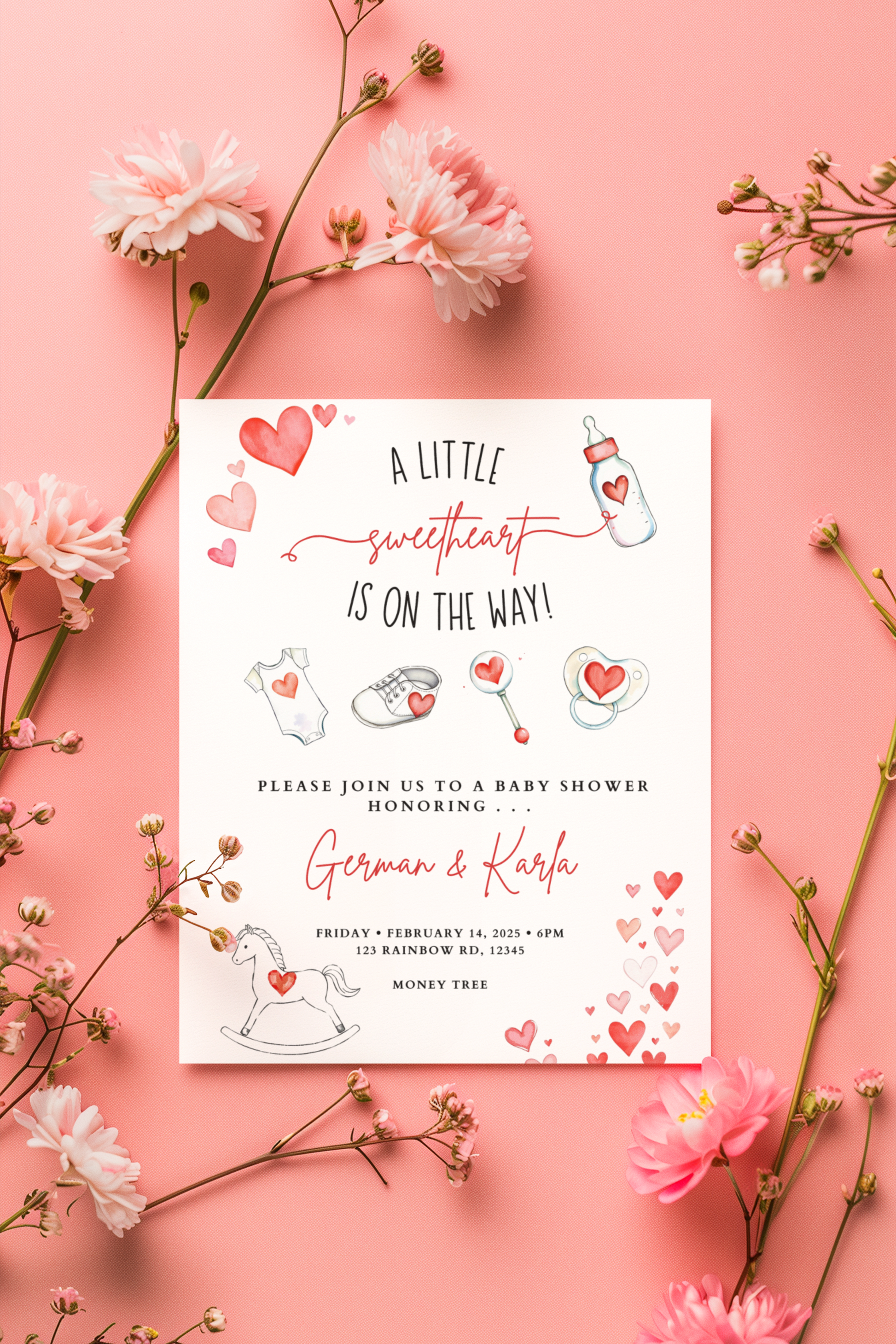 Baby shower invitation with hearts and baby-themed illustrations on a pink background with flowers.