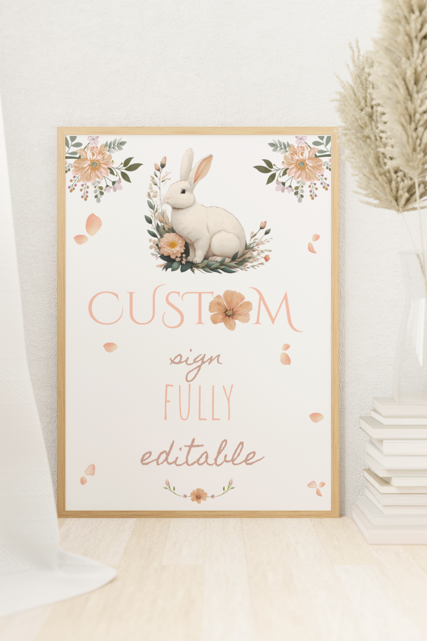 Decorative custom sign with a rabbit illustration and floral elements on a white background.