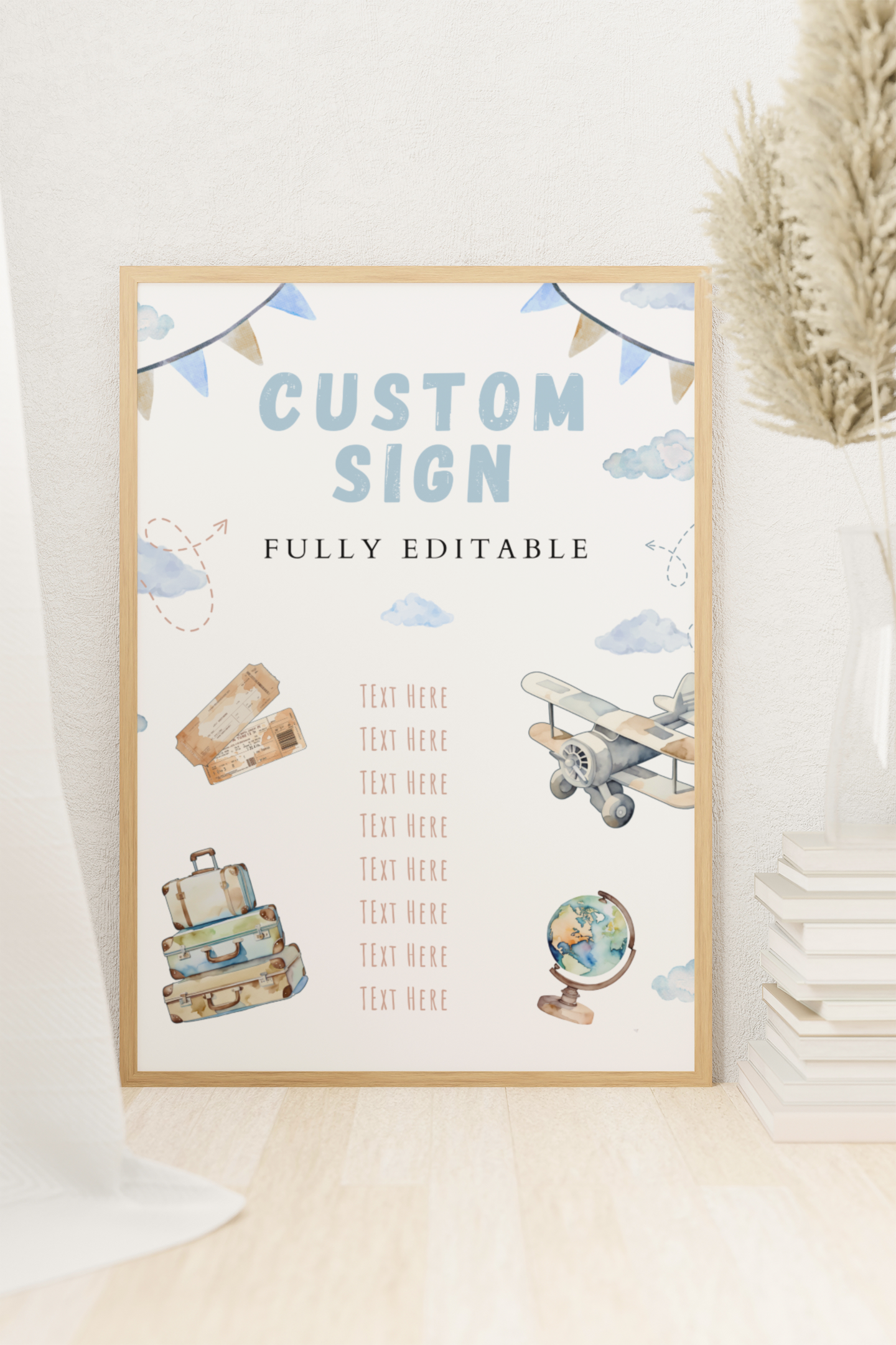 Customizable travel-themed sign with editable text on a light background
