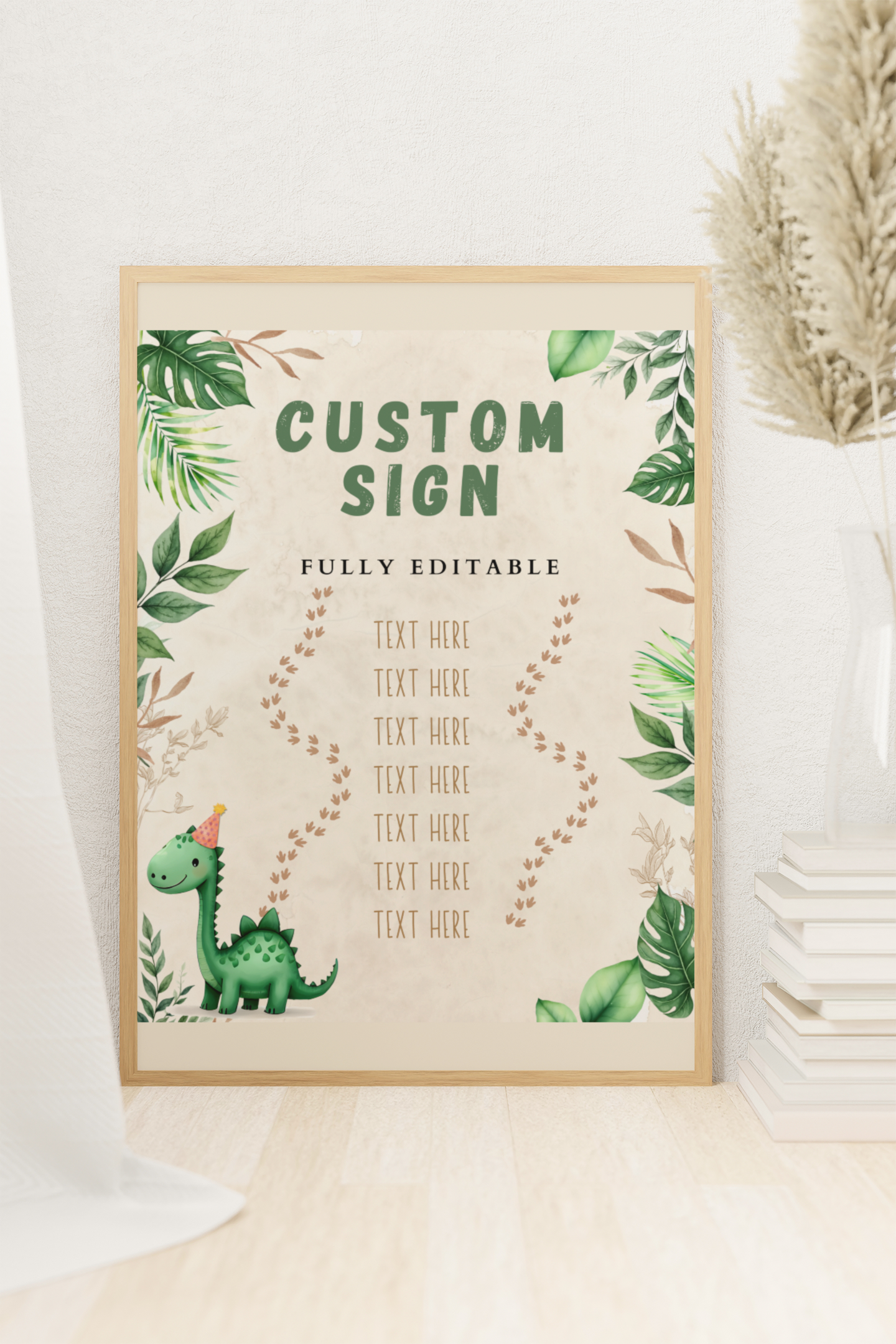 Framed customizable sign with dinosaur and leaves on a neutral background