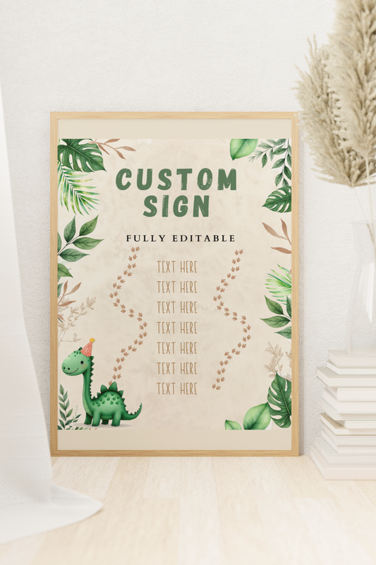 Framed customizable sign with dinosaur and leaves on a neutral background