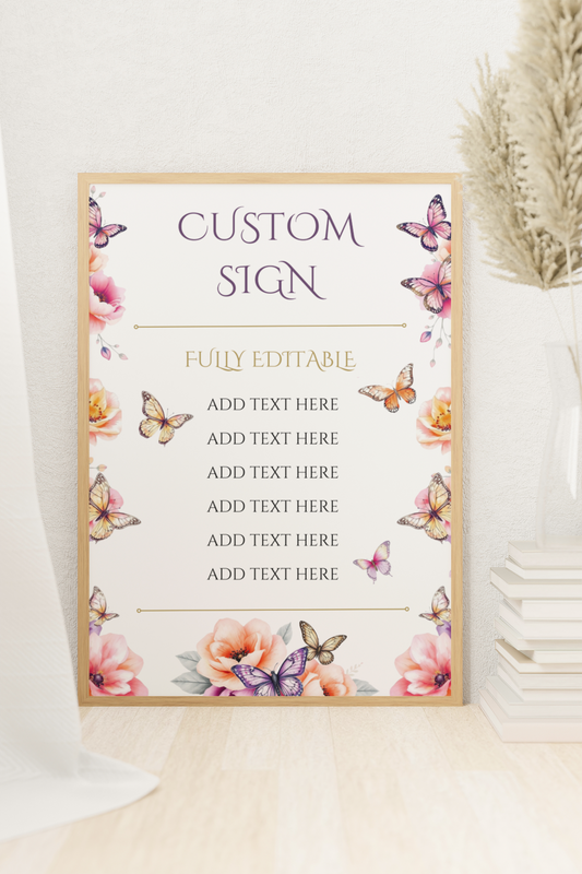 Custom sign with floral and butterfly design on a white surface