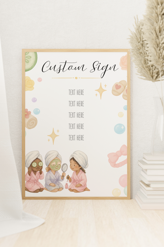 Customizable sign with illustrations of children in a bathroom setting on a white surface.