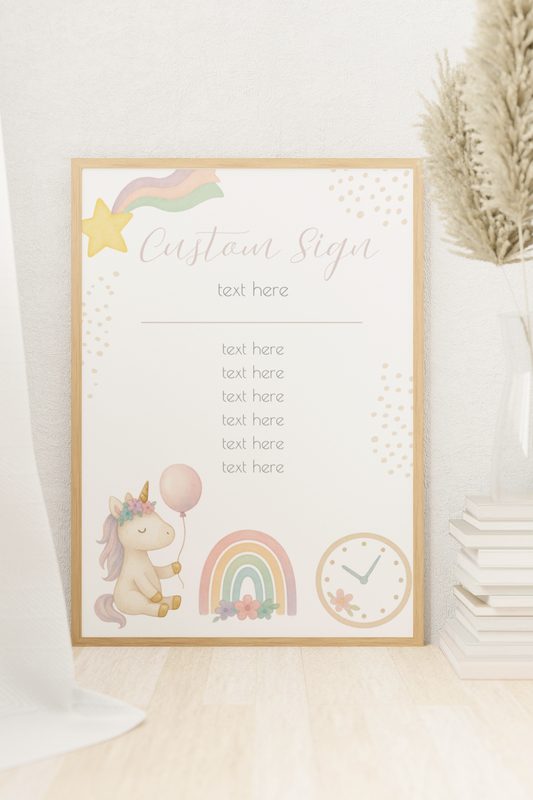 Decorative sign with unicorn, rainbow, and star design on a white background