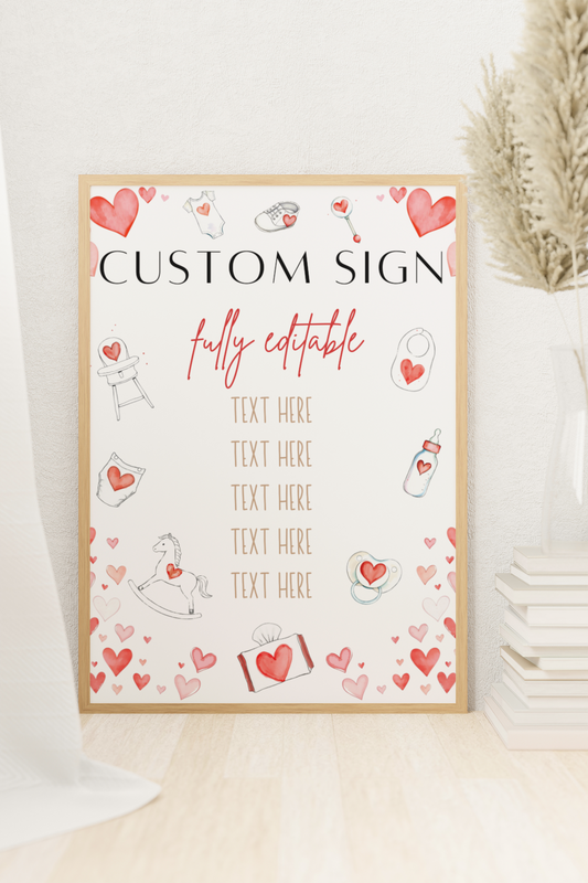 Customizable sign with heart designs and text placeholders on a white background.