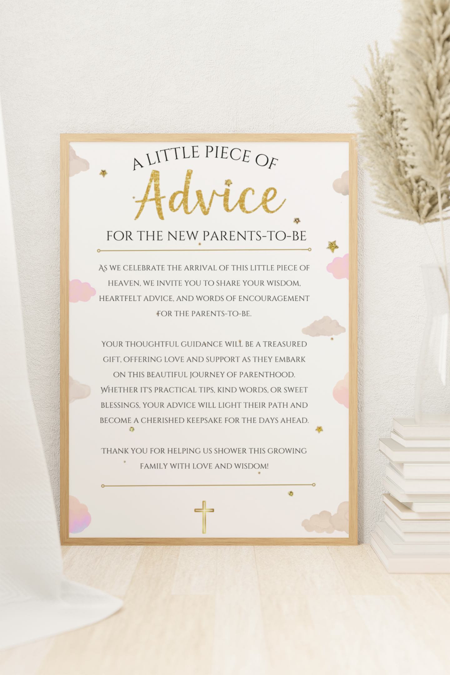 Framed piece of advice for new parents on a decorative background
